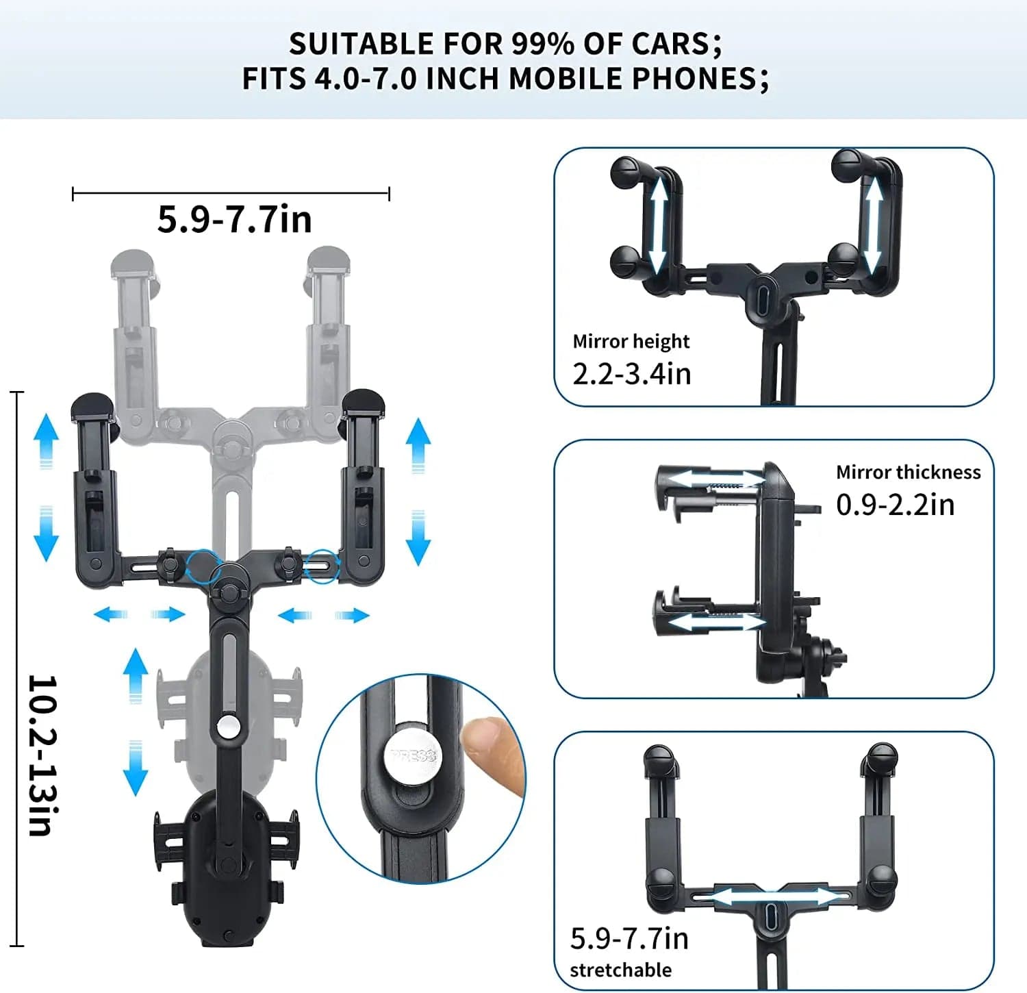 Phone Mount for Car, Multifunctional Rear View Mirror Phone Holder, 360° Rotatable and Retractable Car Phone Holder