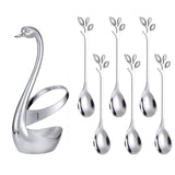 Golden Swan Cutlery Set Stainless Steel Spoon Fork Swan Base Holder Portable Teaspoons for Salad Dessert Cake Coffee Home Decor