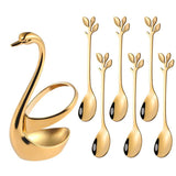 Golden Swan Cutlery Set Stainless Steel Spoon Fork Swan Base Holder Portable Teaspoons for Salad Dessert Cake Coffee Home Decor