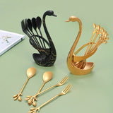 Golden Swan Cutlery Set Stainless Steel Spoon Fork Swan Base Holder Portable Teaspoons for Salad Dessert Cake Coffee Home Decor