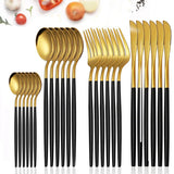 Gold, Black 24Pcs Stainless Steel Dinnerware Cutlery Set 