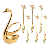 Golden Swan Cutlery Set Stainless Steel Spoon Fork Swan Base Holder Portable Teaspoons for Salad Dessert Cake Coffee Home Decor